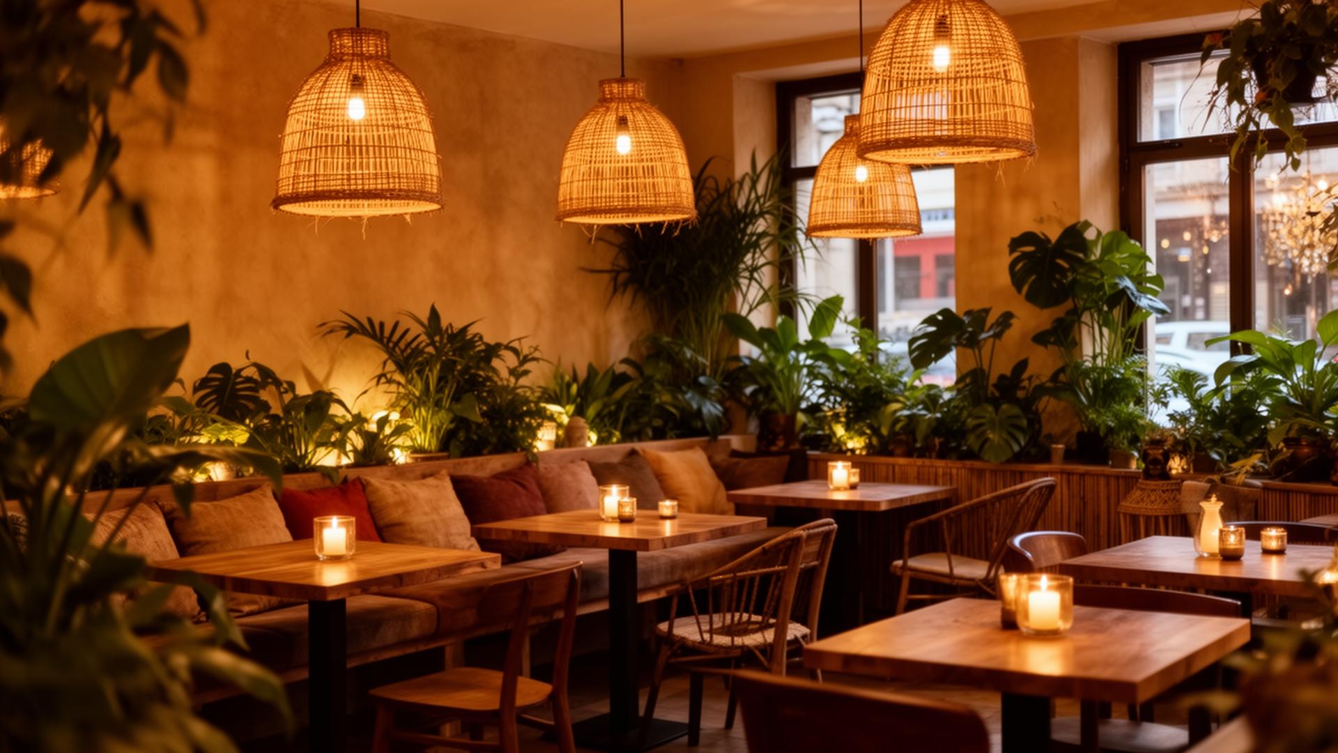 Intérieur chaleureux d’un café aux matières naturelles
